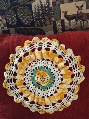 Handmade Crochet Doily in Yellow, White & Green 11" x 11" Made in 1930's